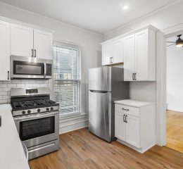 Interior view of the bright and stylish studio apartment at 107 Union Ave #5 in downtown Saratoga Springs, NY with updated finishes and walkable access to shops and dining.