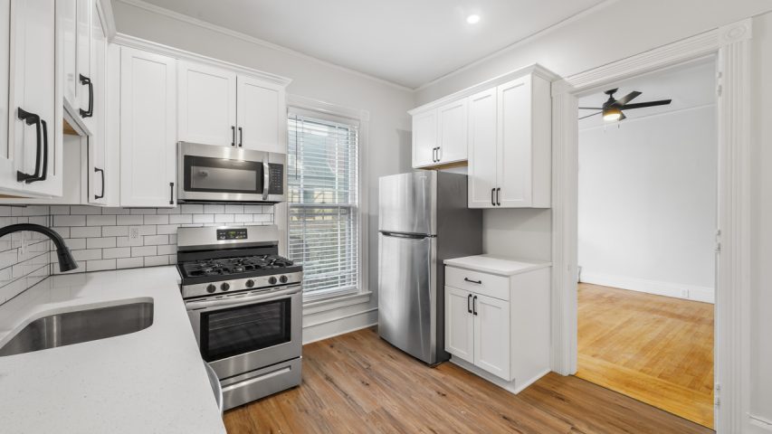 Interior view of the bright and stylish studio apartment at 107 Union Ave #5 in downtown Saratoga Springs, NY with updated finishes and walkable access to shops and dining.