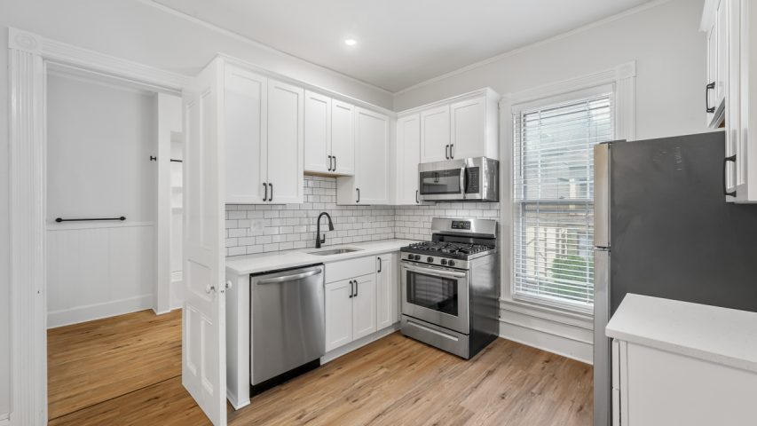 Interior view of the bright and stylish studio apartment at 107 Union Ave #5 in downtown Saratoga Springs, NY with updated finishes and walkable access to shops and dining.