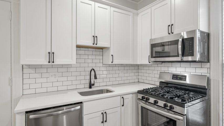 Interior view of the bright and stylish studio apartment at 107 Union Ave #5 in downtown Saratoga Springs, NY with updated finishes and walkable access to shops and dining.
