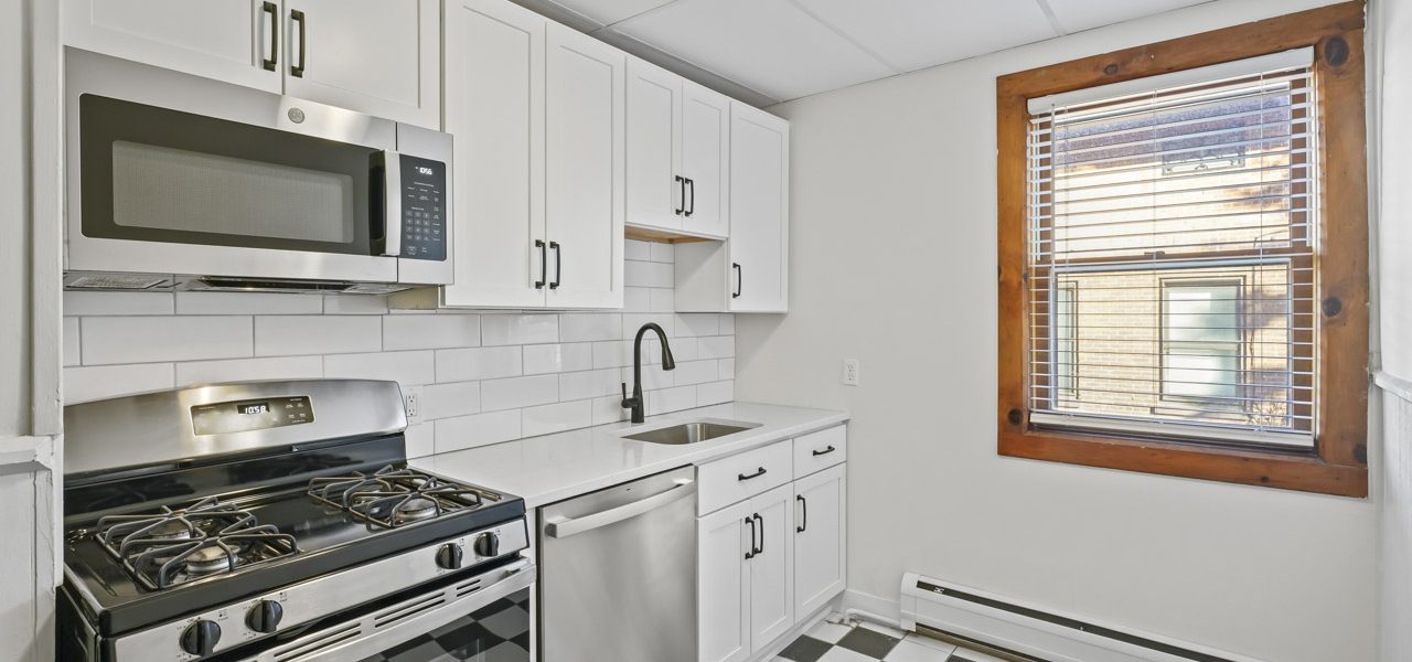 Interior view of a freshly updated 1-bedroom apartment at 33 Franklin St #3 in downtown Saratoga Springs, NY with modern finishes and walkable access to shops and dining.