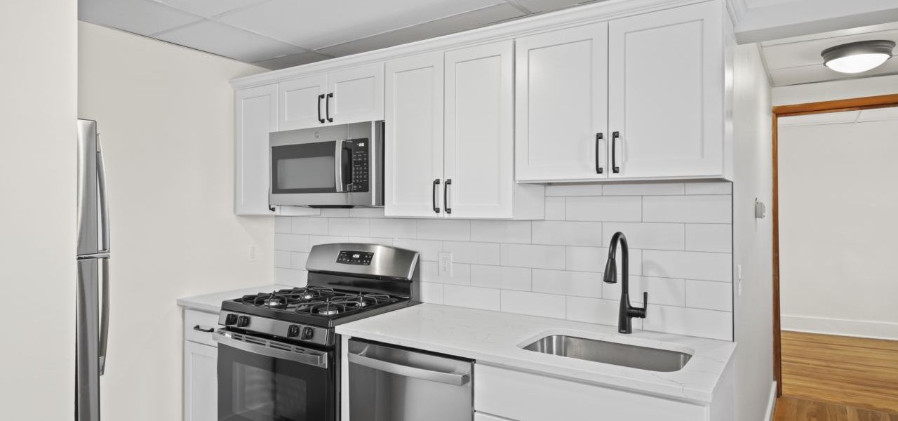 Interior view of a freshly renovated 2-bedroom apartment at 33 Franklin St #8 in downtown Saratoga Springs, NY with modern finishes and walkable access to local amenities.