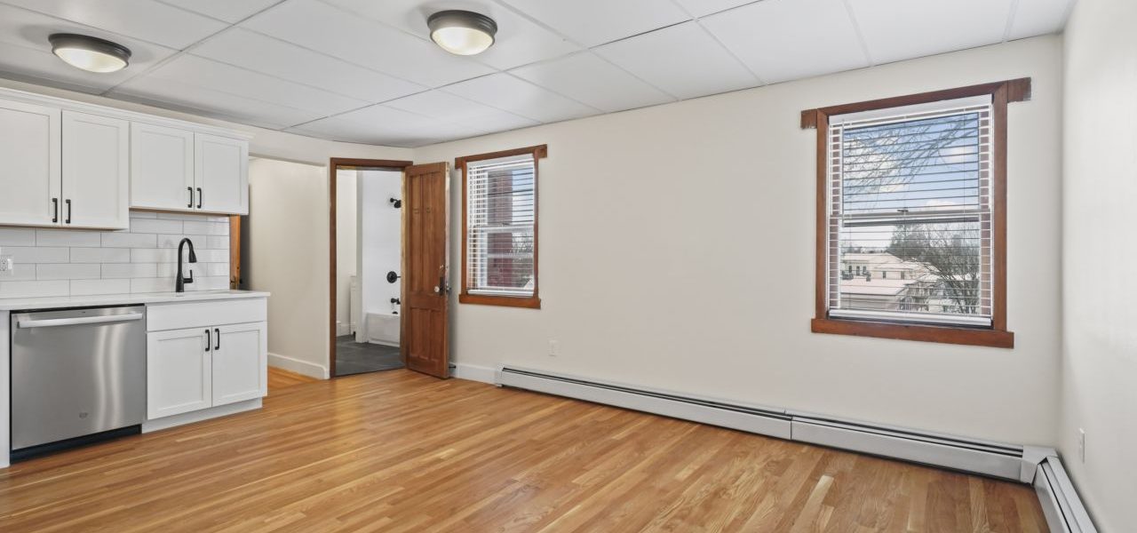 Interior view of a freshly renovated 2-bedroom apartment at 33 Franklin St #8 in downtown Saratoga Springs, NY with modern finishes and walkable access to local amenities.