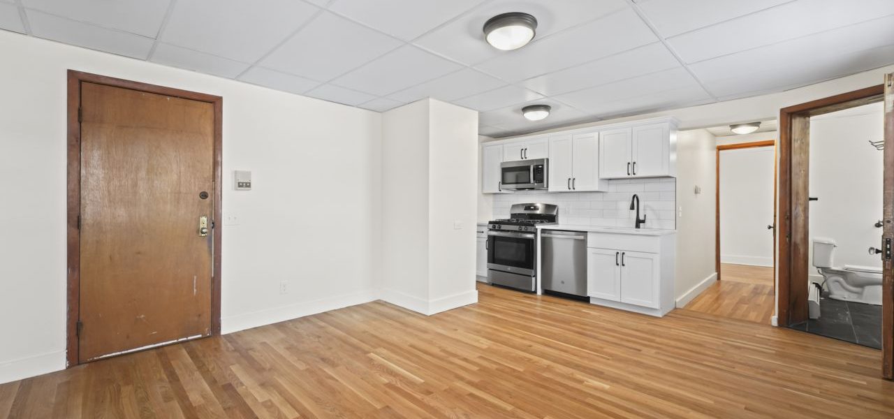 Interior view of a freshly renovated 2-bedroom apartment at 33 Franklin St #8 in downtown Saratoga Springs, NY with modern finishes and walkable access to local amenities.